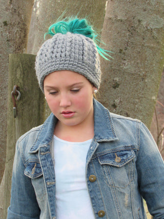 Slate gray messy bun ponytail beanie winter hat