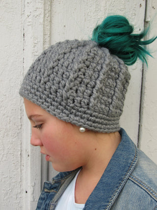 Slate gray messy bun ponytail beanie winter hat