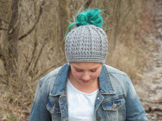 Slate gray messy bun ponytail beanie winter hat