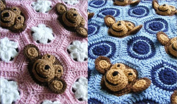 Crochet patterns baby boy & girl monkey face motif PDF digital download by Two Seaside Babes