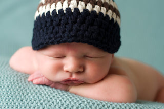 Newborn Navy Blue, Ecru, & Chocolate Brown Striped Visor Beanie