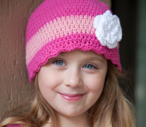 2T to 4T Hot Pink, Pink, Light Pink, & White Striped Flapper Beanie 