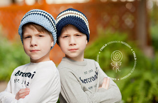 4T to Preteen Light Blue, Navy Blue, & Ecru and Navy Blue, Ecru, & Chocolate Brown Striped Visor Beanies