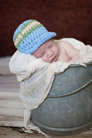 Newborn Light Blue, Olive Green, & Khaki Striped Visor Beanie