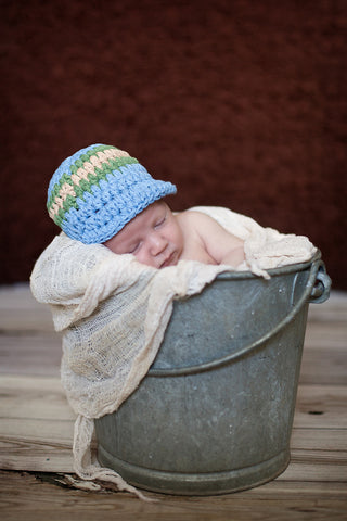 Newborn Light Blue, Olive Green, & Khaki Striped Visor Beanie