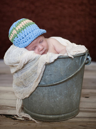 Newborn Light Blue, Olive Green, & Khaki Striped Visor Beanie by Two Seaside Babes