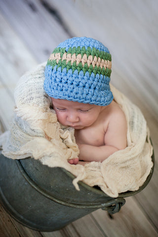 Newborn Light Blue, Olive Green, & Khaki Striped Visor Beanie