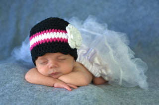 Newborn Black, Hot Pink, White, &  White Sparkle Striped Flapper Beanie