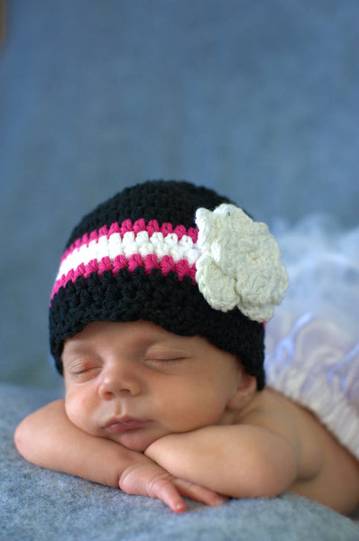 Newborn Black, Hot Pink, White, &  White Sparkle Striped Flapper Beanie