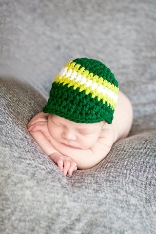 Newborn Emerald Green, Lime Green, & White Striped Visor Beanie