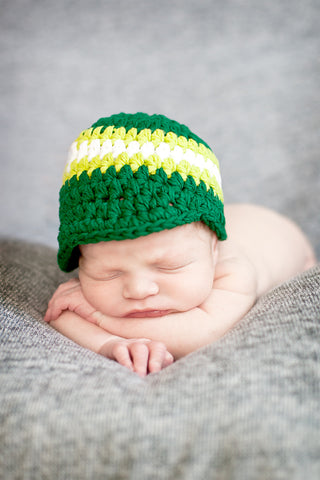 Newborn Emerald Green, Lime Green, & White Striped Visor Beanie