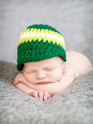 Newborn Emerald Green, Lime Green, & White Striped Visor Beanie by Two Seaside Babes