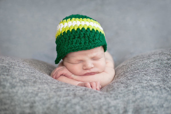 Newborn Emerald Green, Lime Green, & White Striped Visor Beanie