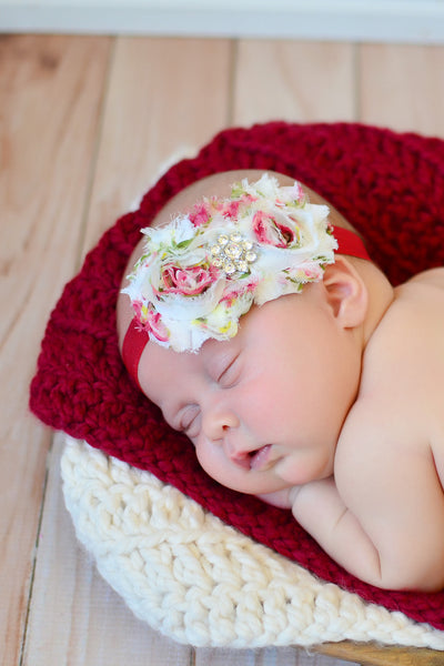 Cream & Cranberry Red | newborn photo prop layering baby blanket, basket stuffer, bucket filler