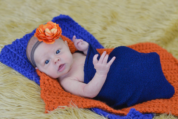 Orange Pumpkin & Cobalt Blue | newborn photo prop layering baby blanket, basket stuffer, bucket filler