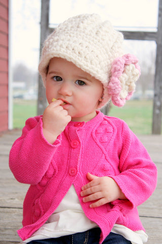 1T to 2T Cream & Pink Blossom | chunky crochet flower beanie, thick winter hat | baby, toddler, girl's, women's sizes