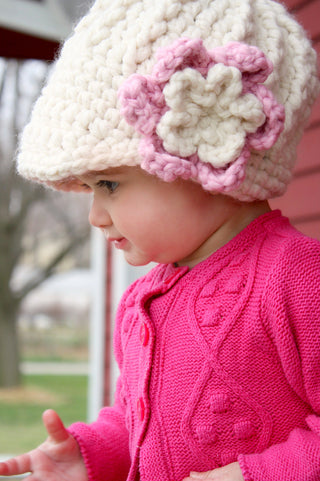 1T to 2T Cream & Pink Blossom | chunky crochet flower beanie, thick winter hat | baby, toddler, girl's, women's sizes