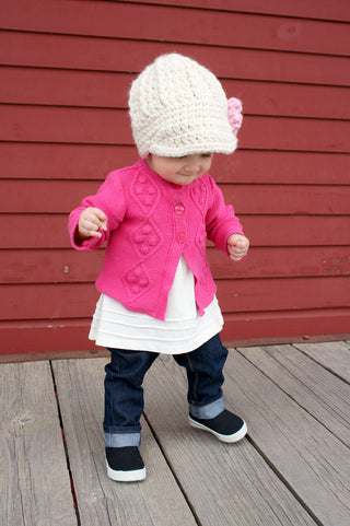 1T to 2T Cream & Pink Blossom | chunky crochet flower beanie, thick winter hat | baby, toddler, girl's, women's sizes