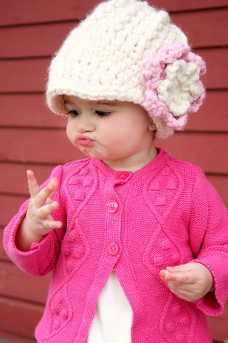 Cream & pink blossom flower beanie winter hat by Two Seaside Babes