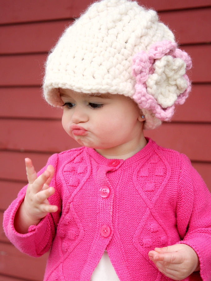 Cream bubblegum pink flower beanie winter hat