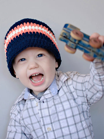 2T to 4T Navy Blue, Tangerine, & White Striped Visor Beanie by Two Seaside Babes