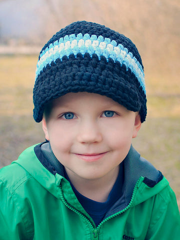 4T to Preteen Navy Blue, Bright Blue, & Aqua Blue Striped Visor Beanie by Two Seaside Babes