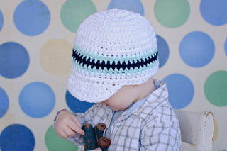 2T to 4T White, Aqua Blue, & Navy Blue Striped Visor Beanie