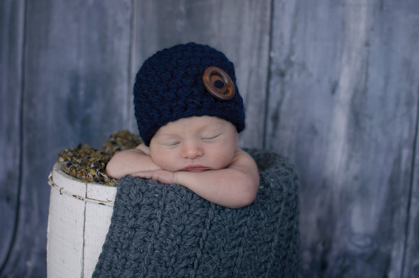 Navy blue button beanie baby hat
