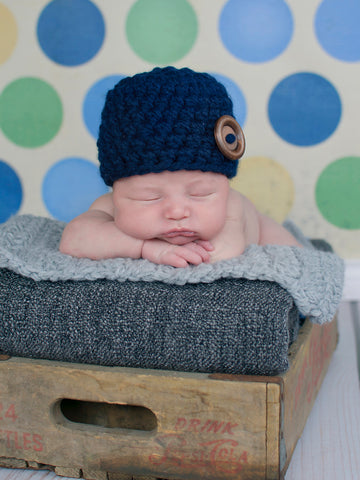 Navy blue button beanie baby hat by Two Seaside Babes