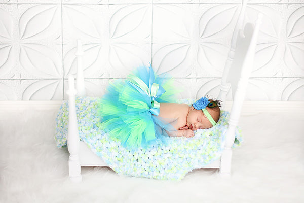 33" x 33" Aqua Blue, Lime Green, & White | soft crochet baby blanket, wrap | for newborns, babies, toddlers | lovey, crib sizes