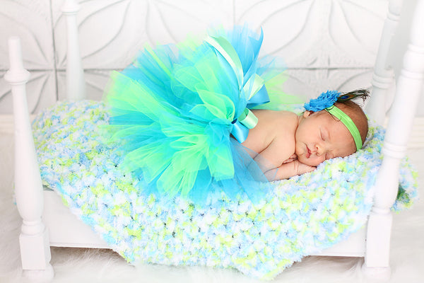 33" x 33" Aqua Blue, Lime Green, & White | soft crochet baby blanket, wrap | for newborns, babies, toddlers | lovey, crib sizes