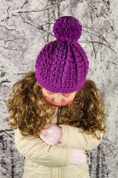 Purple orchid pom beanie winter hat