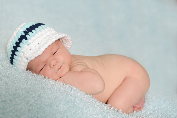 Newborn White, Aqua Blue, & Navy Blue Striped Visor Beanie
