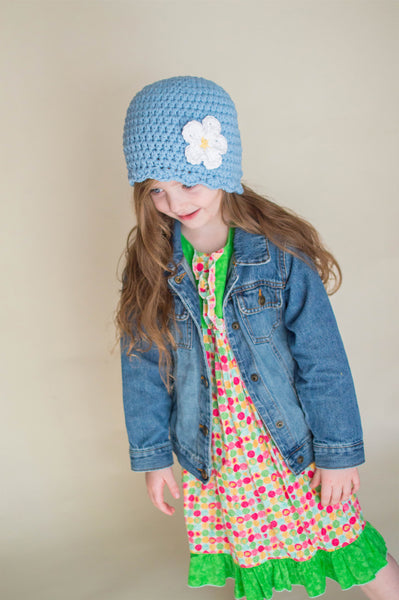 Light blue flapper beanie hat | 34 flower colors available