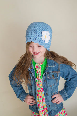 Light blue flapper beanie hat | 40 flower colors available