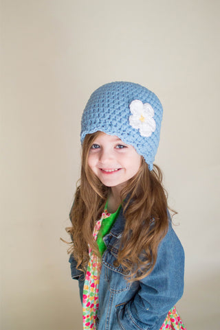 Light blue flapper beanie hat | 40 flower colors available