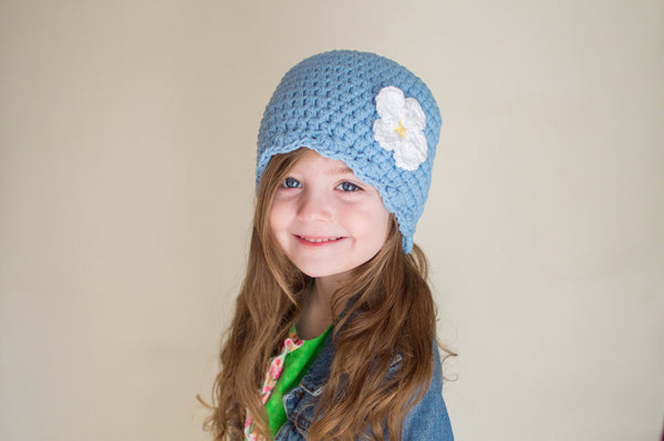 Light blue flapper beanie hat | 34 flower colors available