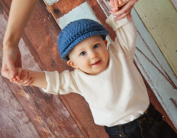 6 to 9 Month Denim Blue | Irish wool Donegal newsboy hat, flat cap, golf hat | newborn, baby, toddler, boy, & men's sizes