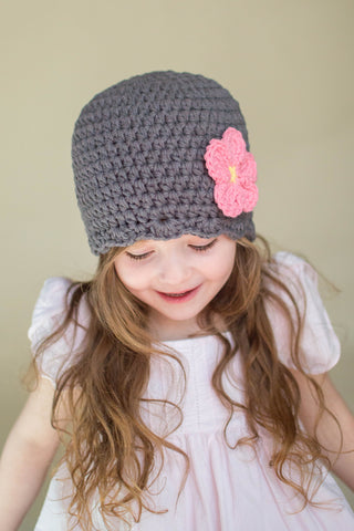 Gray flapper beanie hat | 40 flower colors available