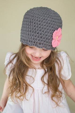 Gray flapper beanie hat | 40 flower colors available