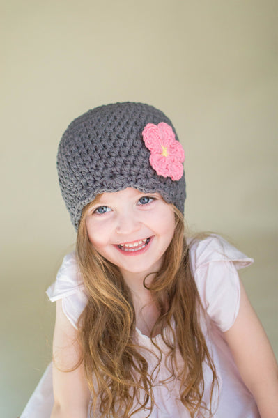 Elephant gray flapper beanie hat | 34 flower colors available