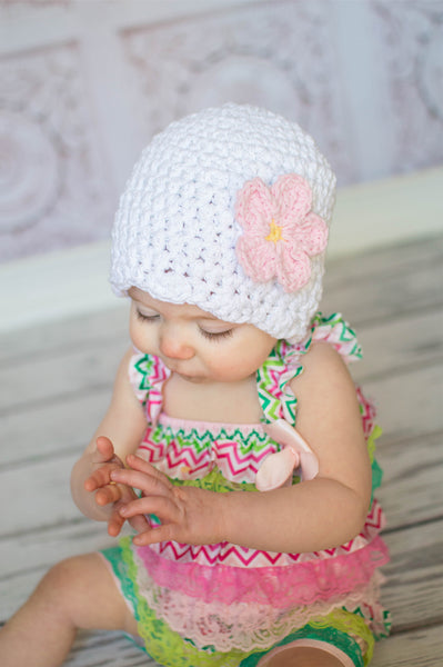 White sparkle flapper beanie hat | 34 flower colors available