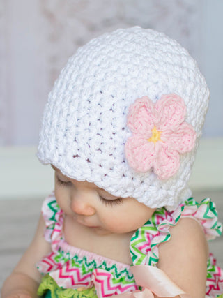 White sparkle flapper beanie hat | 40 flower colors available