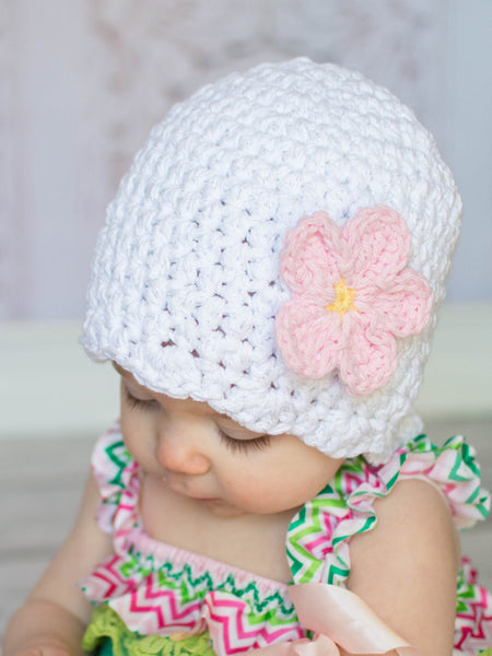 White sparkle flapper beanie hat | 34 flower colors available