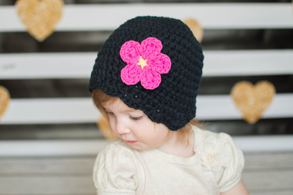 Black flapper beanie hat | 34 flower colors available