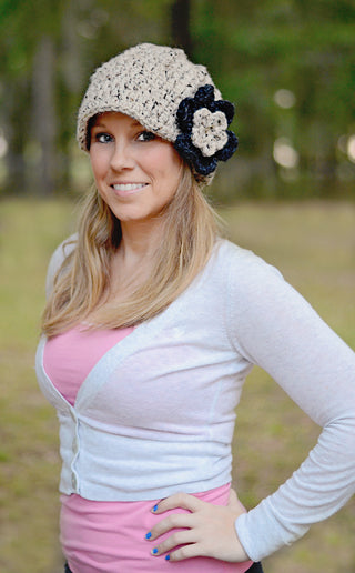 Women's Oatmeal & Charcoal Gray | chunky crochet flower beanie, thick winter hat | baby, toddler, girl's, women's sizes