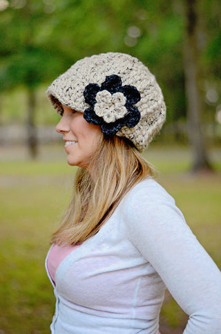 Women's Oatmeal & Charcoal Gray | chunky crochet flower beanie, thick winter hat | baby, toddler, girl's, women's sizes