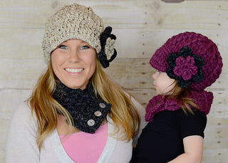 1T to 2T Purple Plum & Charcoal Gray with Women's Oatmeal & Charcoal Gray | chunky crochet flower beanie, thick winter hat | baby, toddler, girl's, women's sizes 