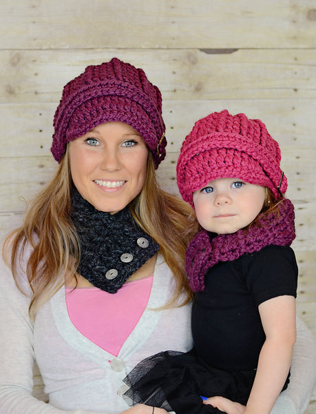 Adult Purple Plum and 1T to 2T Toddler Raspberry Pink Buckle Beanies