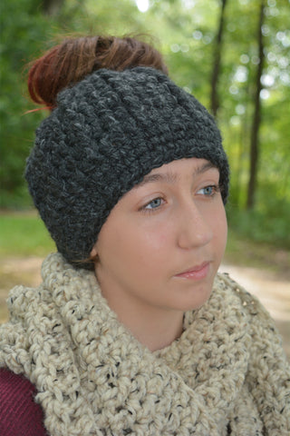 Charcoal gray messy bun ponytail beanie winter hat